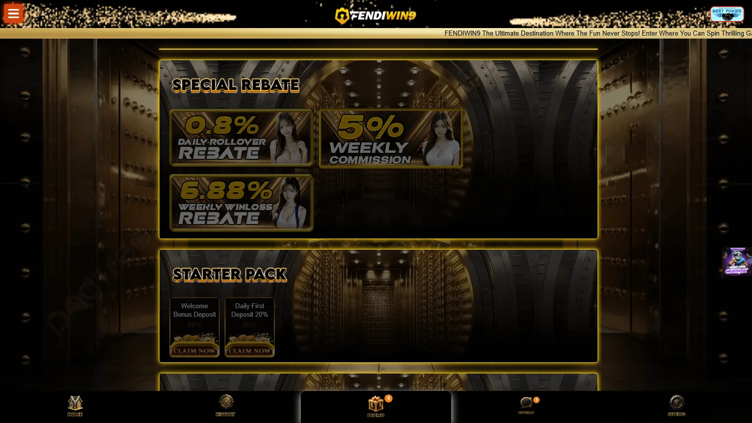 Fendiwin9 Casino promotions area on desktop