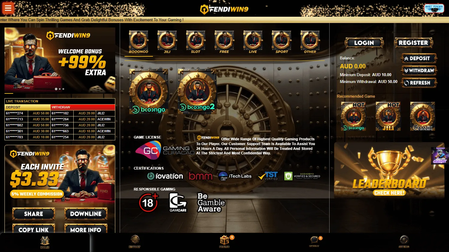 Fendiwin9 Casino home lobby on desktop