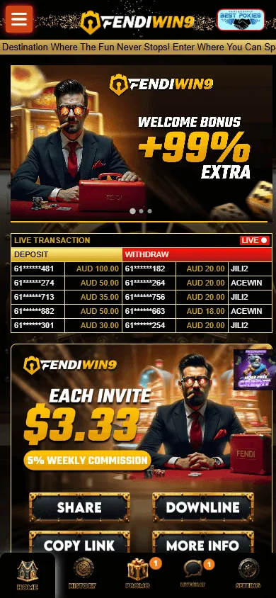 Fendiwin9 Casino home lobby on a mobile device